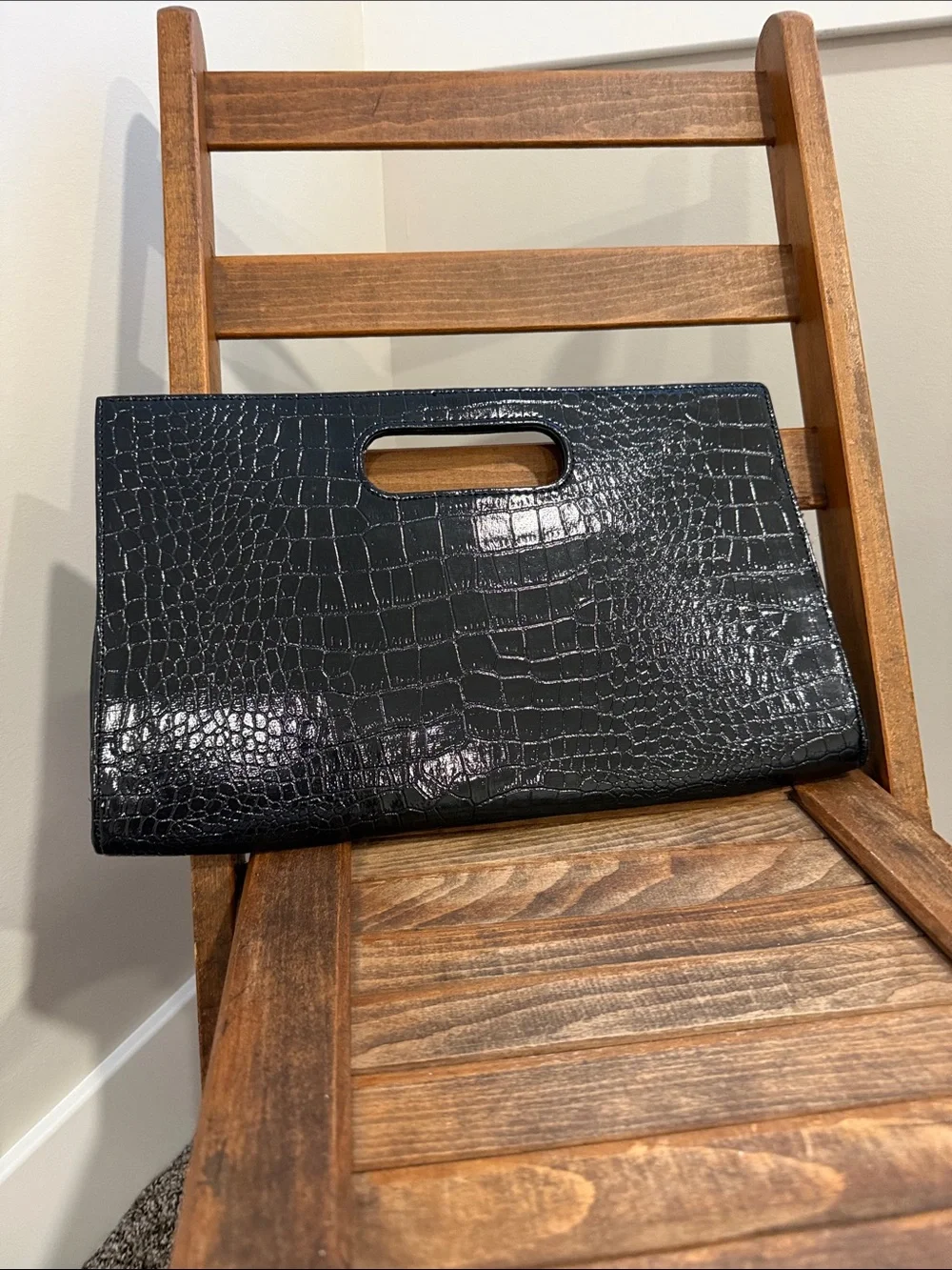 Ashley Stewart Black Croc Embossed Clutch Evening Bag Removable Chain Strap